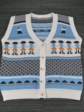 Folk Art Figure Motif Button Sweater Vest M/L